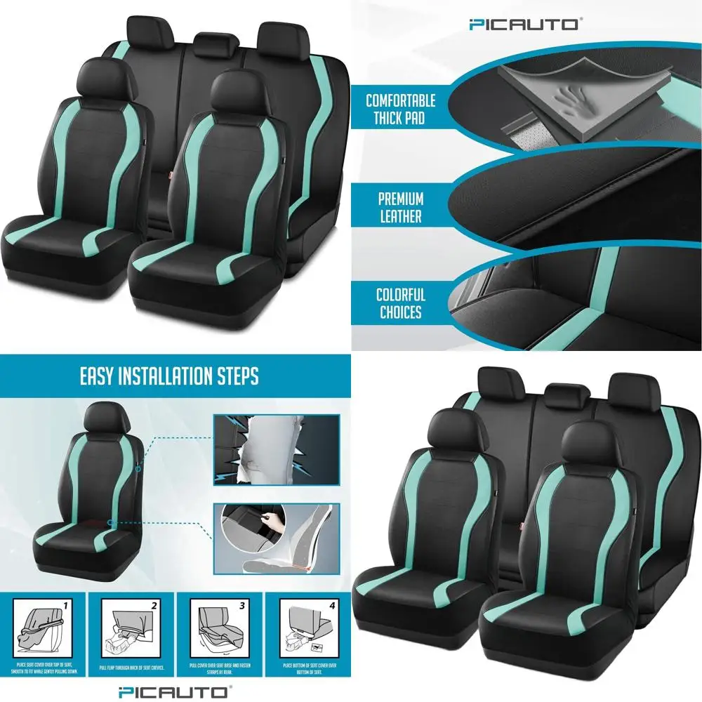 

Luxury Waterproof Seat Covers - Full Set for Cars, Trucks, SUVs - Black & Mint PVC, Airbag Friendly