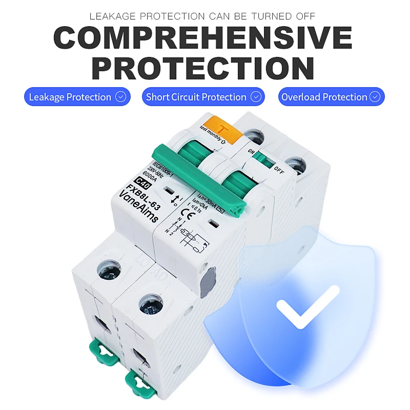RCBO 1P+N Leakage Protector AC230V 6A-63A Leakage Overload Short Circuit Protection Residual Current Circuit Breaker Switch