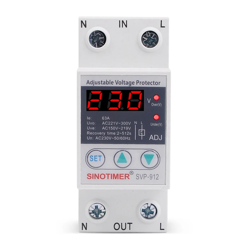 

SINOTIMER 63A Voltage Protect Relay 230V 50/60Hz Din Rail Adjustable Automatic Recovery Over And Under Voltage Protector