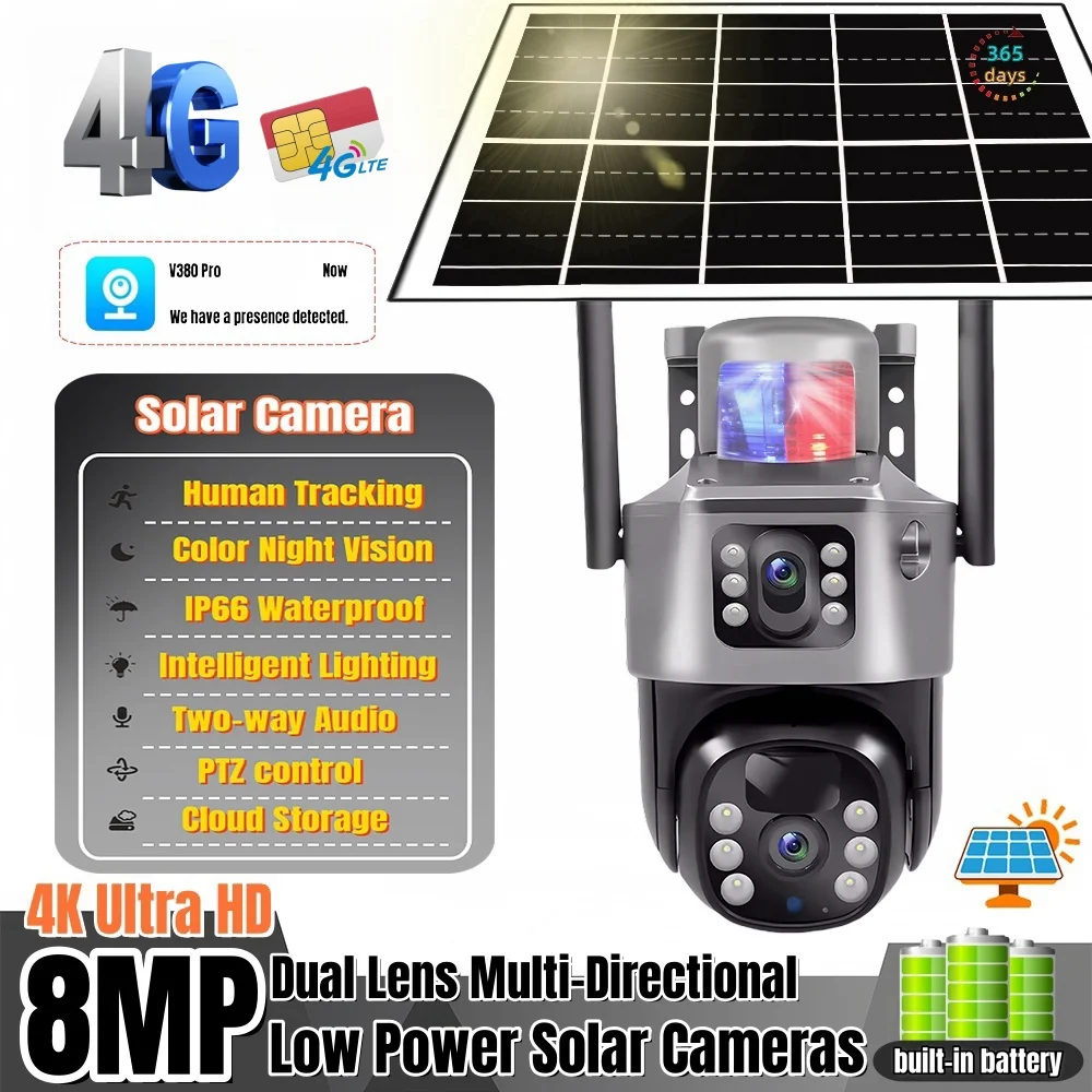 Outdoor 4K 8MP Wireless Solar Camera 4G SIM Card Dual Lens PIR HD Night Vision Camera V380Pro PTZ Security CCTV Smart Monitor