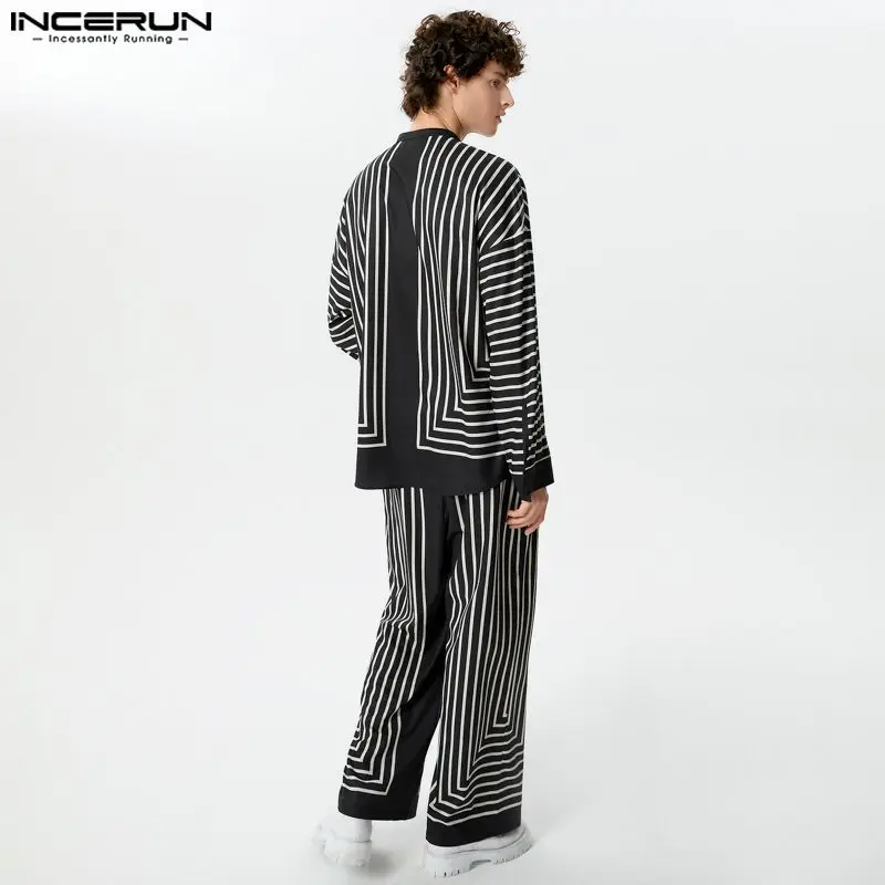 2024 Men Striped Sets Streetwear V Neck Long Sleeve Shirt & Pants Two Pieces Sets Loose Fashion Men\'s Casual Suits S-5XL INCERUN