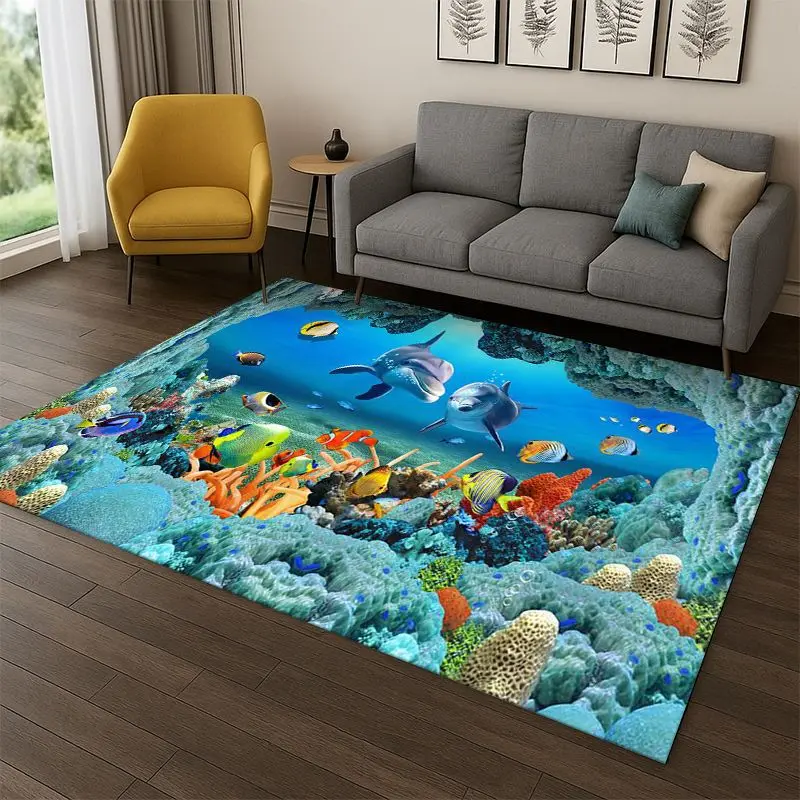 3D Illusion Underwater World Marine Life Shark Dolphin Cartoon Carpet Rug for Bedroom Living Room Sofa Doormat kids Non-slip