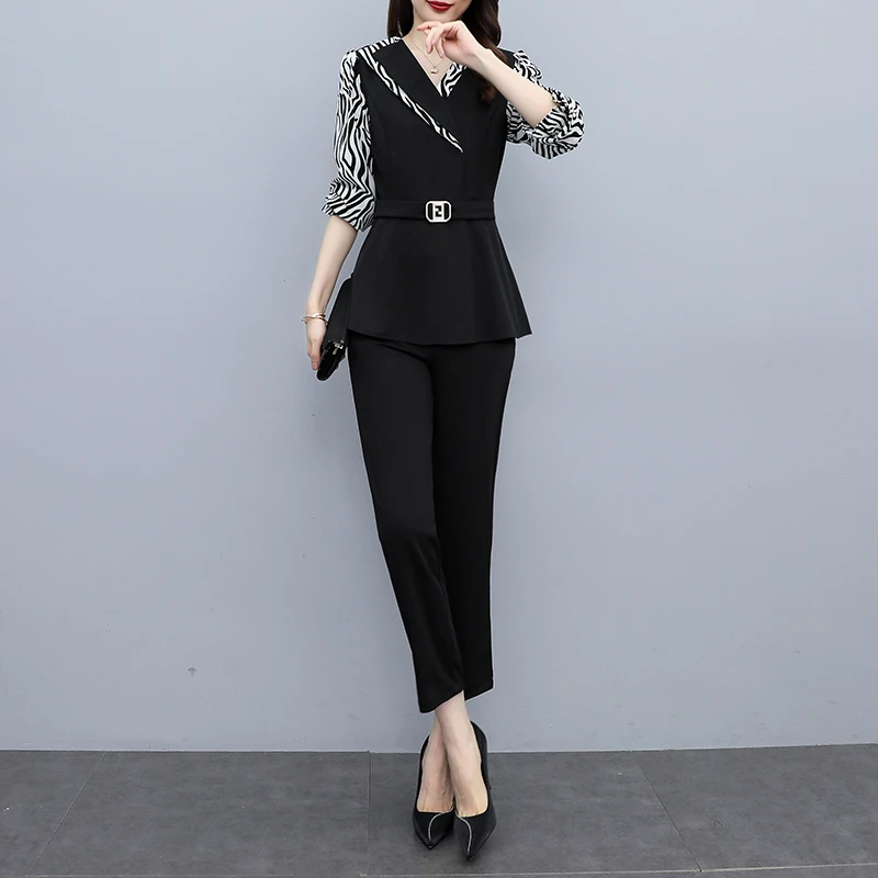 Women Leopard Patchwork Turn Collar Pants Sets 2023 New Autumn Clothes Fashion Slim Female 2 Pieces Outfits Suits High Quality