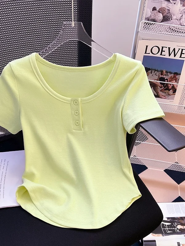 

Short Sleeve T-Shirt Women's Summer 2026 New Style Irregular Arc Shape Short Shoulder Sweet Style Skin-friendly Breathable