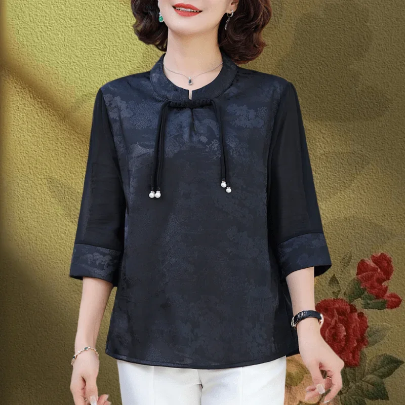 Small Shirt Mid-quarter Sleeve Jacquard Top Chinese Style Spring and Summer T-shirt