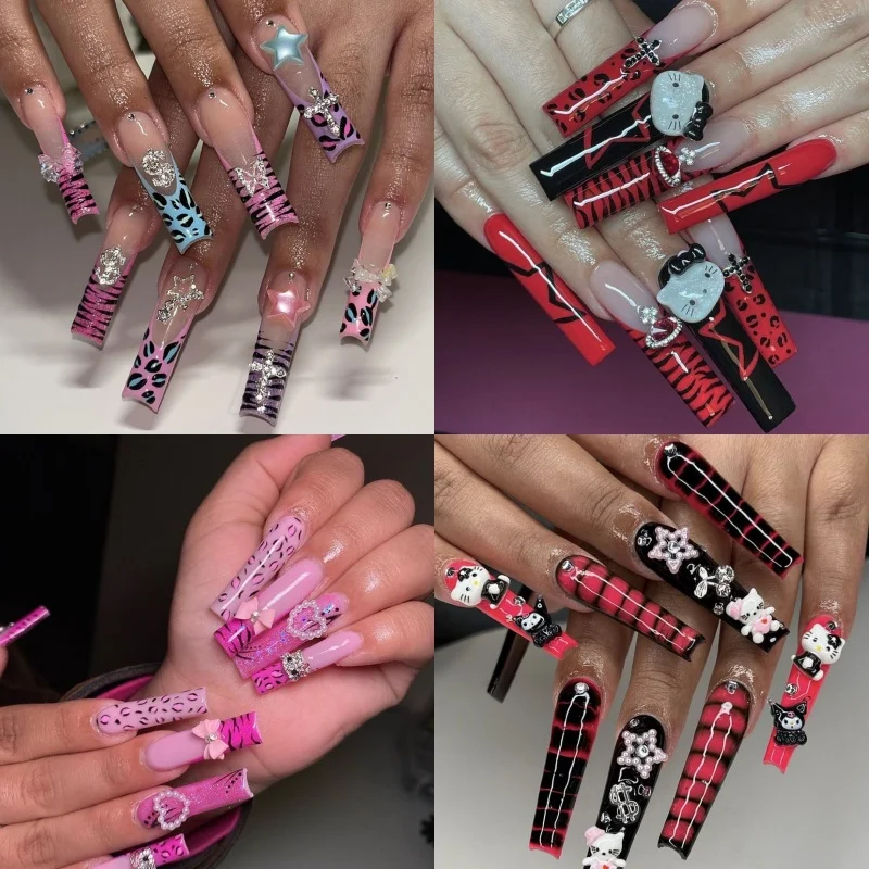 

Sanrios Hello Kitty Saturn rhinestone Anime Y2K Europe and America Handmade Press On Nails Long Tips Nails Design Manicure Girls