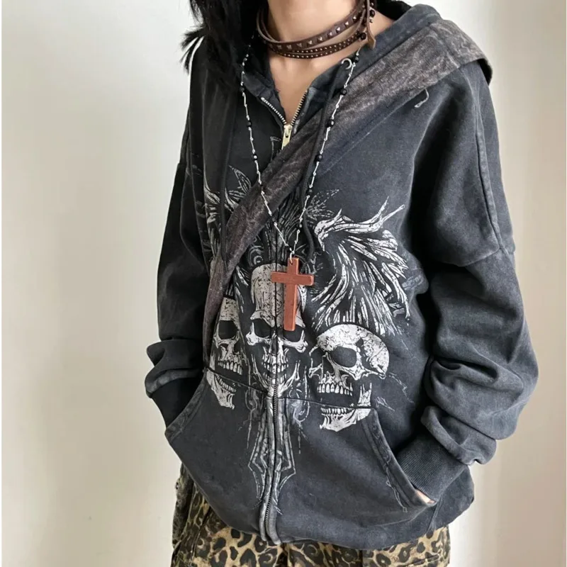 Y2K Gothic Skull Graphic Zipper Hooded Sweatshirt Women 90s Vintage Punk Harajuku Emo Hoodies Oversize Jogging Outerwears Female