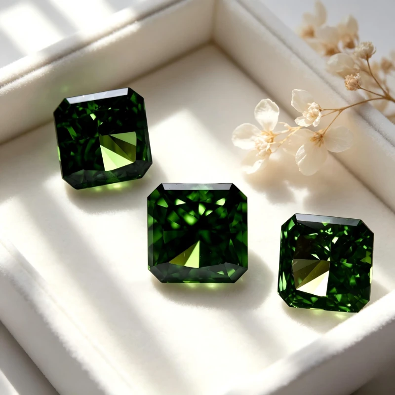 Kubischer Zirkonia, synthetischer Zirkon, grüne Farbe, quadratische Form, CZ 4K-Schliff, 5A+ Qualität, Crushed-Ice-Schliff, hochkarätiger Diamant – Detail 6