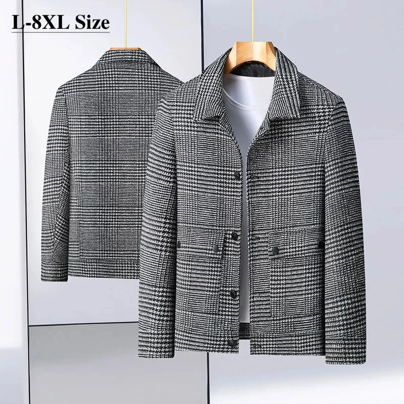

Size Plus 6XL 7XL 8XL Men's Woolen Coat Fashion Plaid Lapel Loose Casual Thick Jacket Autumn Winter Brand Clothes Gray Brown