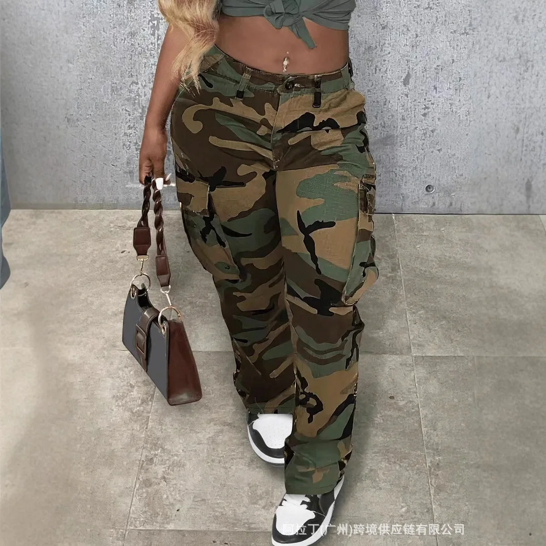 ハイウエストカーゴパンツ ストレートレッグ ユーティリティパンツ 迷彩柄 コンバットワークパンツ ストリートウェア オーバーサイズ ファッションパンツ