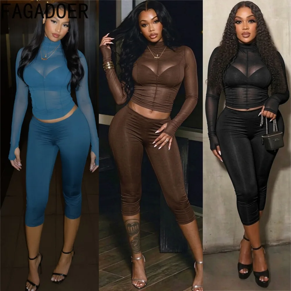 FAGADOER Y2K Women Sheer Mesh See Through Set Long Sleeve Crop Top + High Waist Capri Pants Bodycon Streetwear Clubwear Outfits