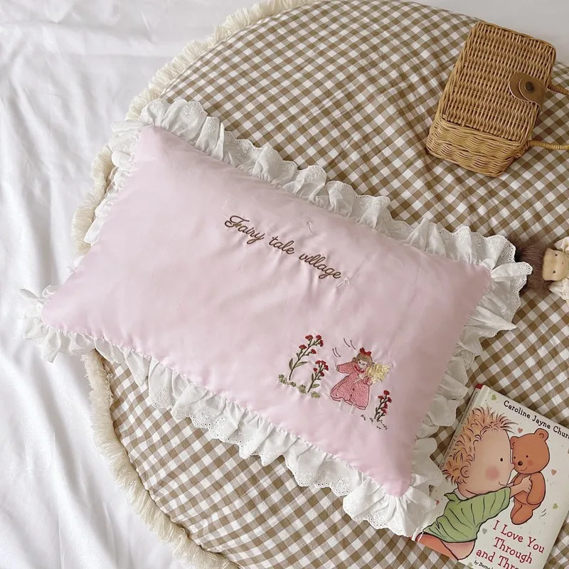 Ins Pink Princess Pillowcases With Lace Ruffles Embroidery Cotton Pillow Cover Comfortable Bed Pillow Case For Girls Adults Kids