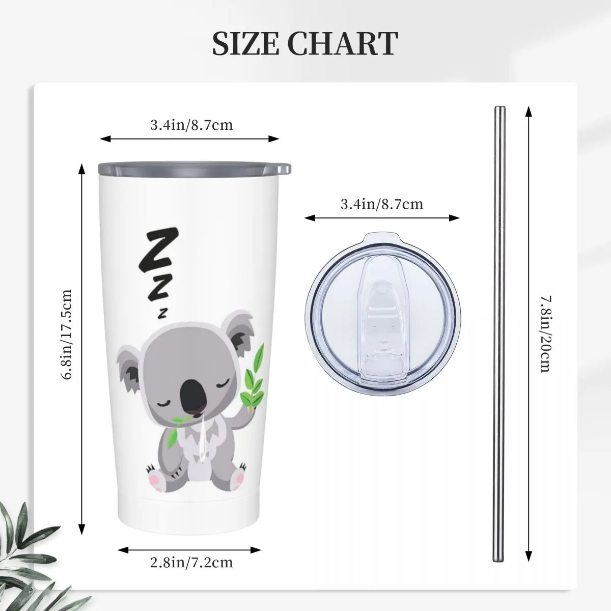 Cute Baby Koala Sleeping Good Night Stainless Steel Tumbler Vacuum Insulated Mug Thermal Cold Cup Straw With Lid 20oz