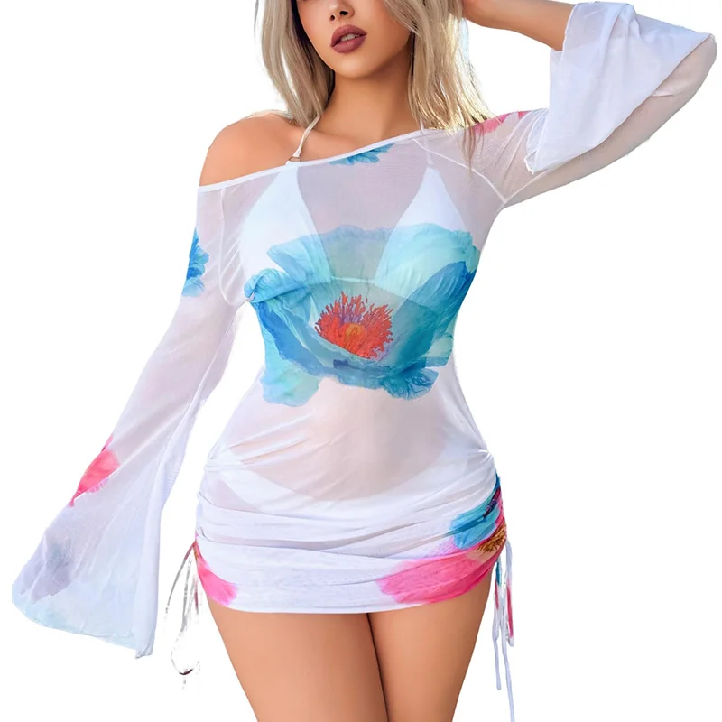 Flower Printed Solid Skew Collar Off-Shoulder Lace-Up See Through Draw String Mini Dress Women Sexy Beach Swimsuit Cover Up