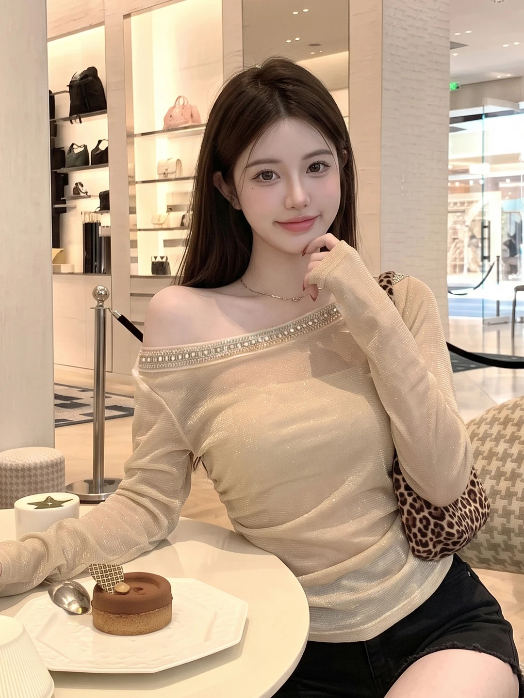 Early Autumn Pure Desire Casual Slip-Shoulder Shiny Folded Waist Atmosphere Base Shirt Versatile Long Sleeve Women's Top