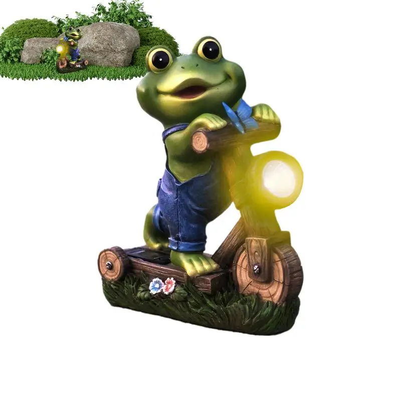 Garden Ornament Frog Figurine Solar Energy Frog Cycling Sculpture Cute Outdoor Light Animal Figurine Happy Frog Lawn Ornament