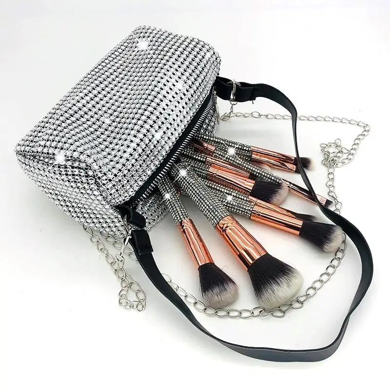 10pcs Low Makeup Brush Set Packaging Box Rhinestone Synthetic Diamond Glitter Sparkle Makeup Brush Set