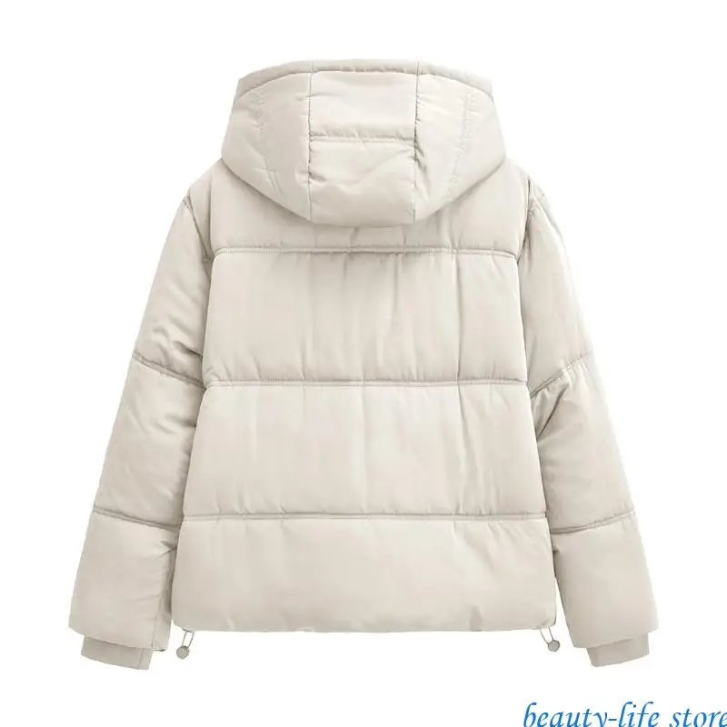 

Drawstring ZipPadded Short Coat Women Solid Color Hooded Puffer Bubble 517D