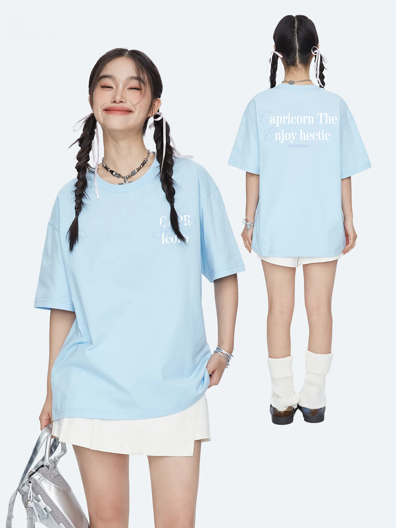

Capricorn Casual Cotton Short Sleeve T-Shirt Women's Summer New Style Letter Print Loose Fit round Neck Mid-Length Top