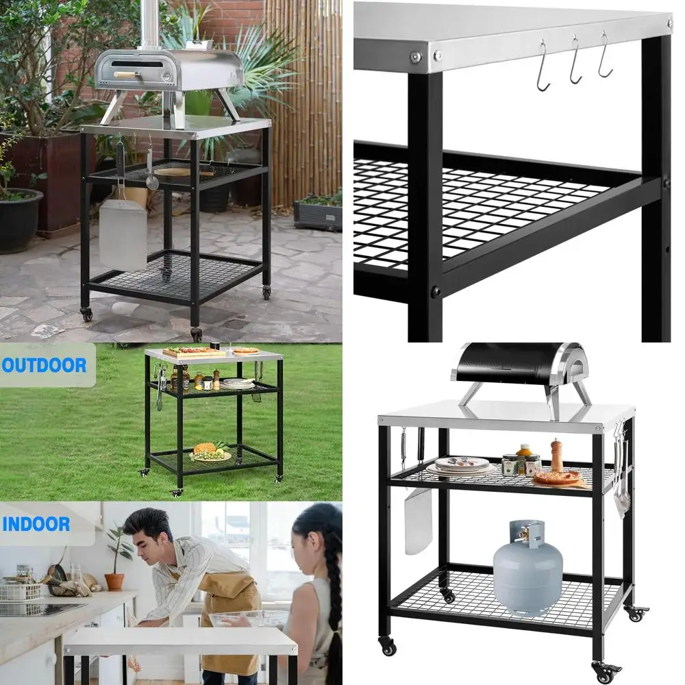 

Portable Outdoor Grill Cart with Pizza Oven, 3-Tier Shelving, and Wheels for Heavy-Duty Use