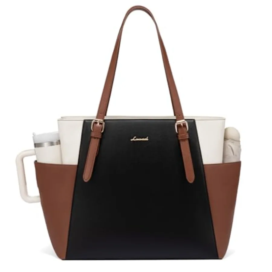 

Laptop Tote Bag for Women With Large Cup Holder, Leather Work Tote Bag for Women, Professional Computer Briefcase Business Teac