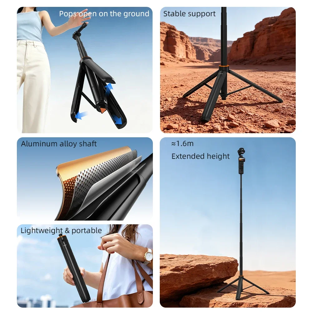 Flymile Ein-Klick-Aufklapp-Stativ für DJI Pocket 4/4P/3/Insta360 X6/Gopro Kamera, 1,6 m verstellbarer Selfie-Stick für Vlgo-Video. – Detail 2