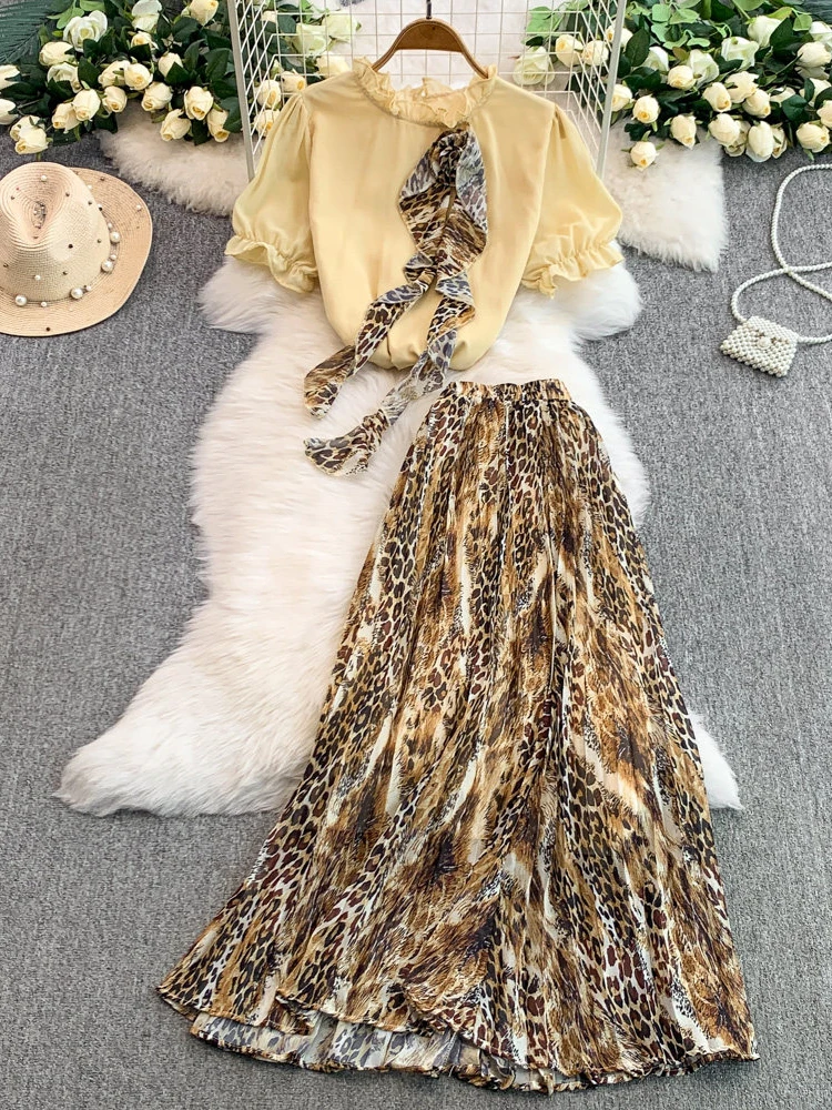 Summer French Half Skirt Set Women Retro Flower O-Neck Bubble Sleeve Top+High Waist Leopard Pattern Half Skirt Two Piece Set J12