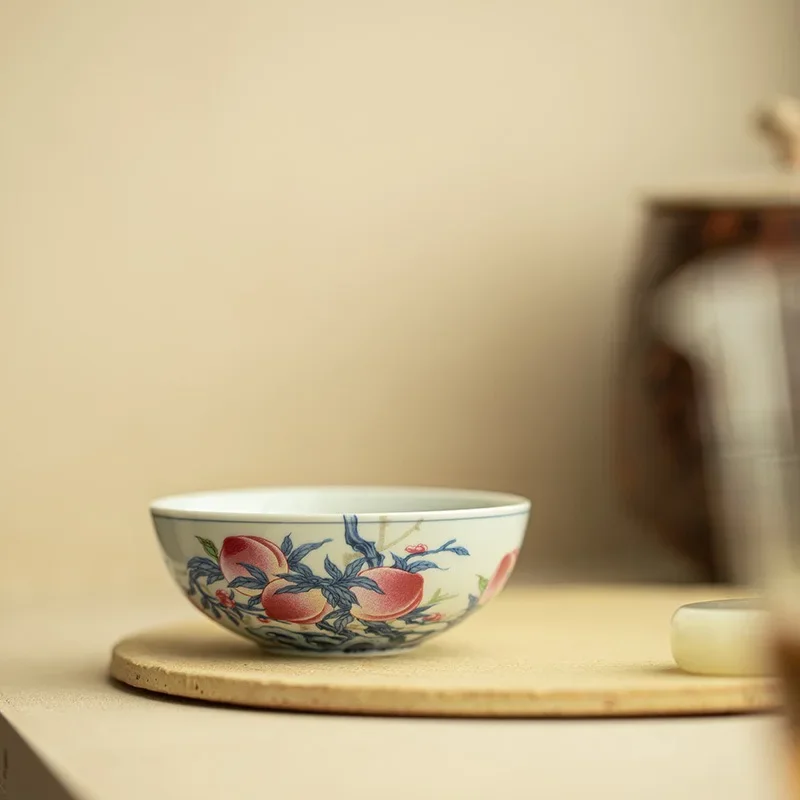 90ML Jingdezhen Pastel Nine Peach Antique Celadon Teacup Master Cup Pu'er Cup Open Cup Ceramic TeaSet Kung Fu Teacup Collection
