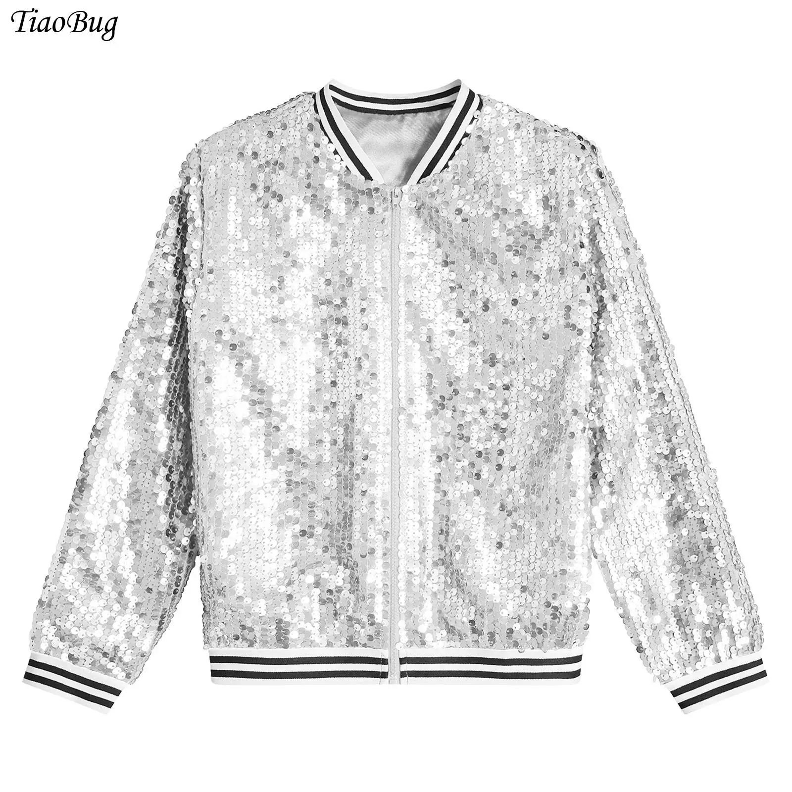 

Kid Girls Shiny Sequins Hip Hop Jazz Dance Outerwear Long Sleeve Baseball Jackets Zipper Coat Carnival Bomber Jackets Streetwear