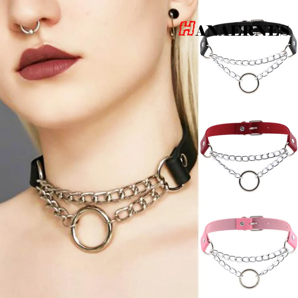 Personalized Fashion PU Leather Ring Collar Necklace, Punk Street Auction Chain O-ring Neck Strap Neck Chain Collarbone Chain