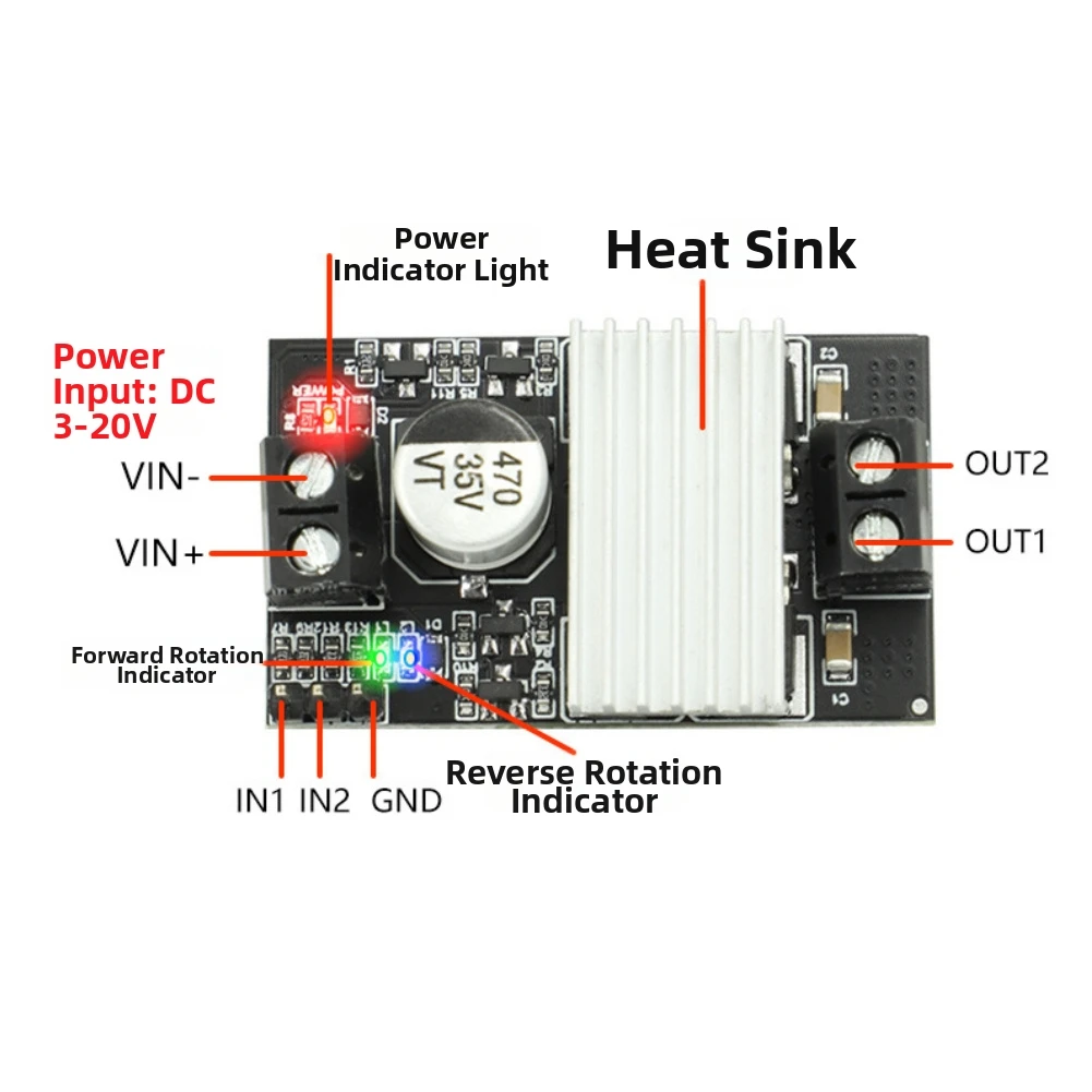 Bidirectional Driver Black DC Motor Driver 3-20V Input Voltage 15A Peak Current Built-in Heat Sink 0-100 Duty Cycle