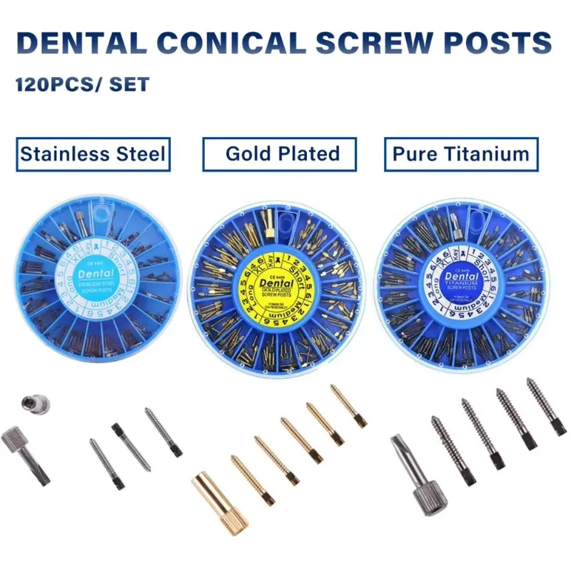 

Multi-tooth Conical Screw Post Anchored Titanium Root Canal Core Kit for Gold-plated Dental Restorations in Quartz Glass