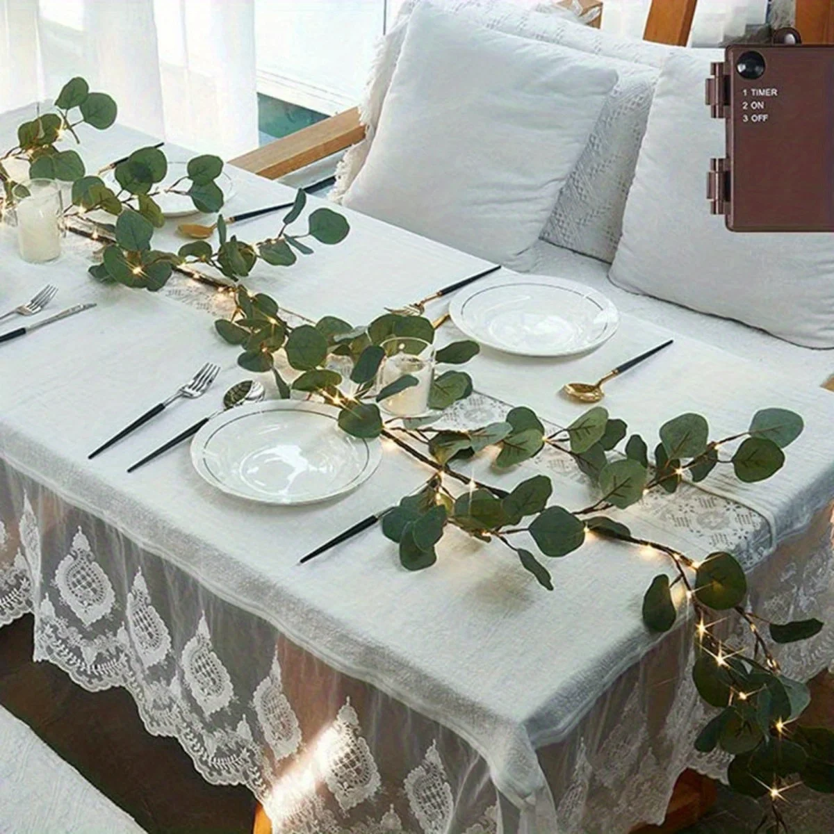 

Lighted Eucalyptus Garland Battery Operated with Timer 5.9ft 96 Led Artificial Greenery Twig Vine Lights for Room Stairs