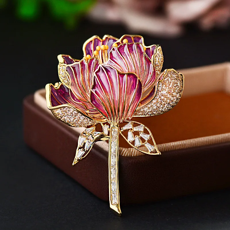 OKILY High-end Enamel Color Lotus Flower Brooch Slightly Inlaid Zircon Freshwater Pearl Corsage Atmospheric Suit Dress Accessori