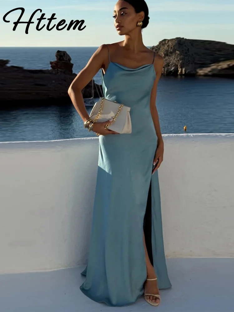 فساتين نسائية أنيقة سبليت الصلبة ساحة طوق عارية الذراعين أكمام فستان طويل أنثى الصيف موضة الحفلات المسائية فساتين #5