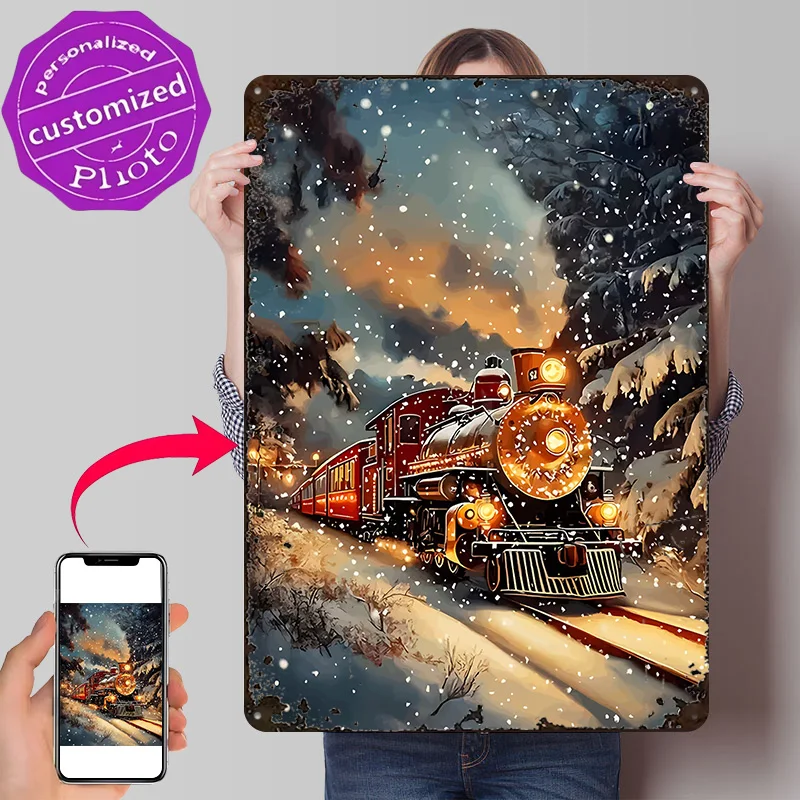 Winter Train Ride 3D Texture Printed Poster Custom Vintage Metal Tin Plate Sign for Wall Art Room Decorations Man Cave Wand Deko