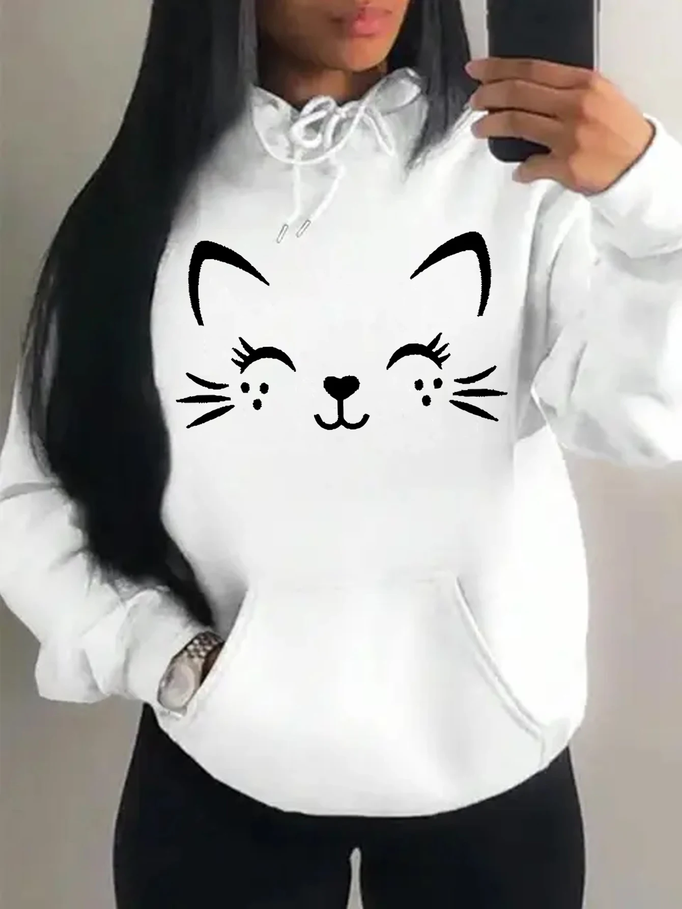 Simple Cat Smiley Face Pattern Women's Hoodie Fashionable Casual Street Trend Personality Hip Hop Hoodie Trendy Pullover Graphic