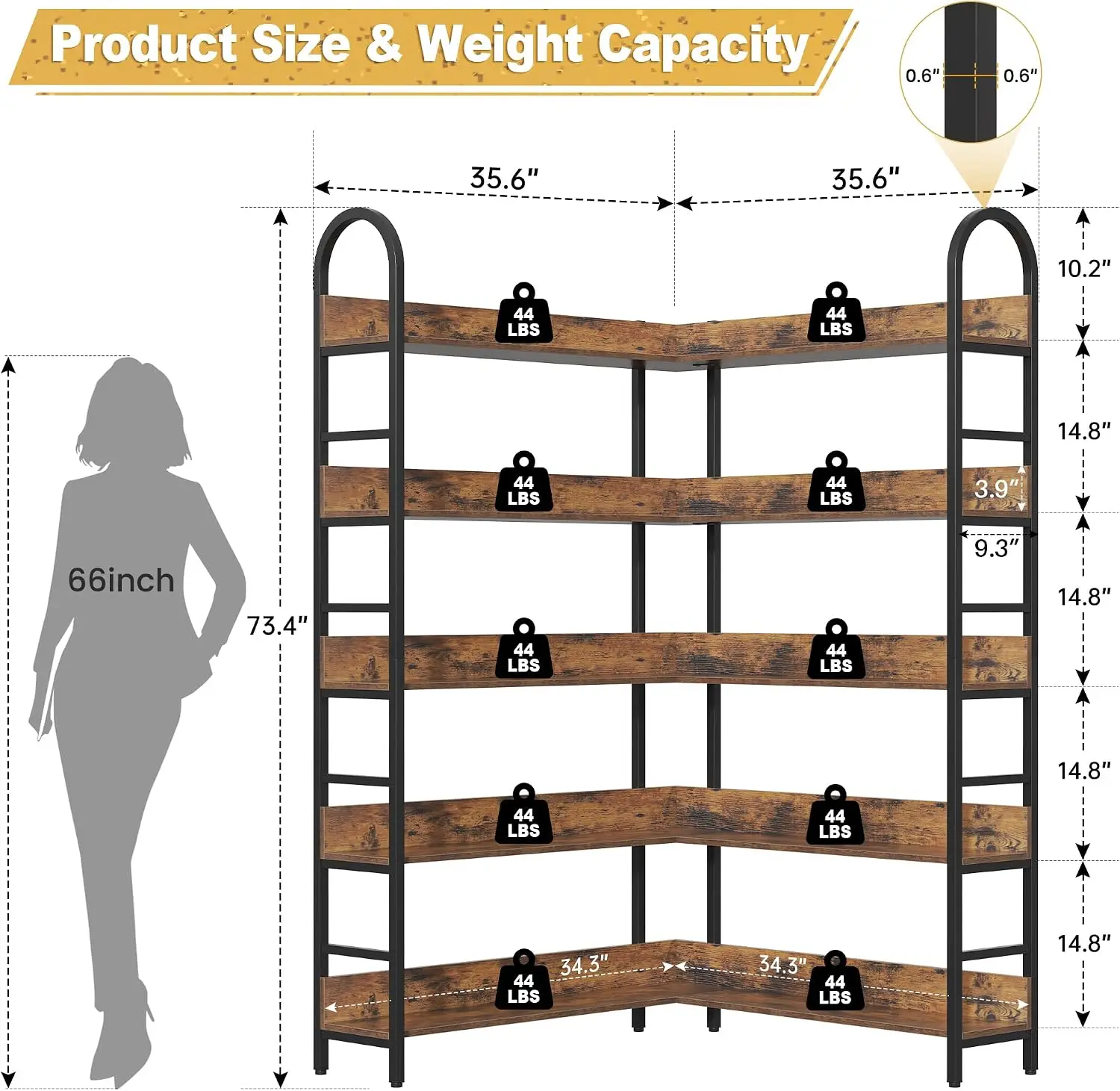 Tall Corner Bookshelf, Heavy Duty Industrial Bookcase, Living Room Home Office Bedroom, L Shaped Etagere Display Shelf Storage Rack Organizer, Rustic Modern Style, Rustic Brown, Single Piece