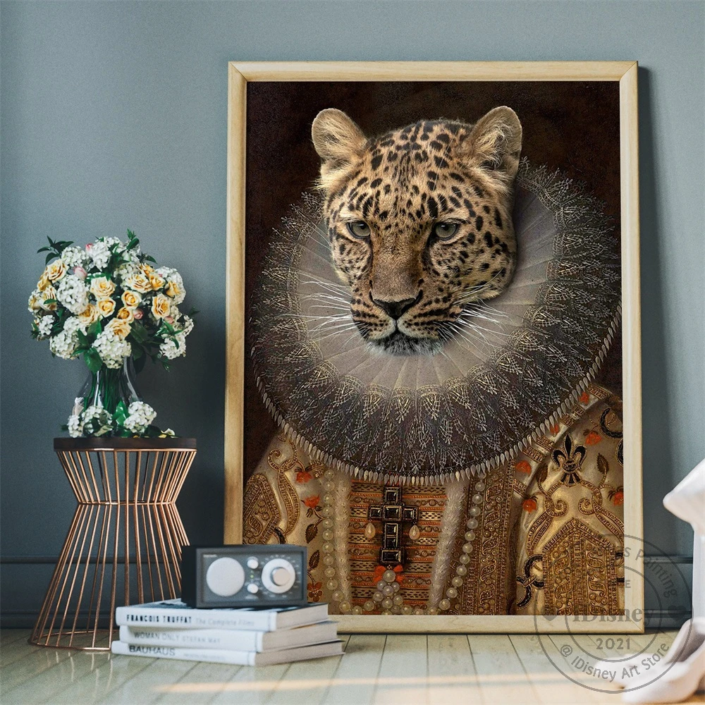 Renaissance Animal Canvas Painting Altered Art Leopard Print Victorian Animal Portrait Wall Art Posters Room Home Decoration