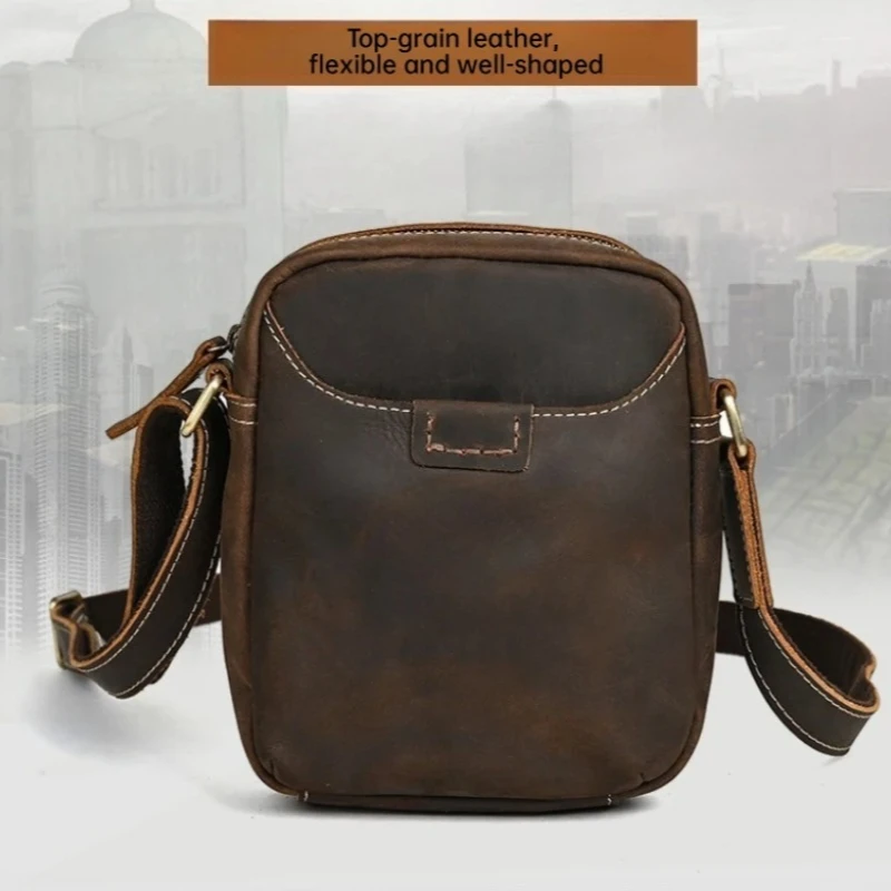 Crazy Horse Leather Shoulder Bag for Men, Vintage Minimalist Small Crossbody Bag, Casual Fashionable Daily Handbag
