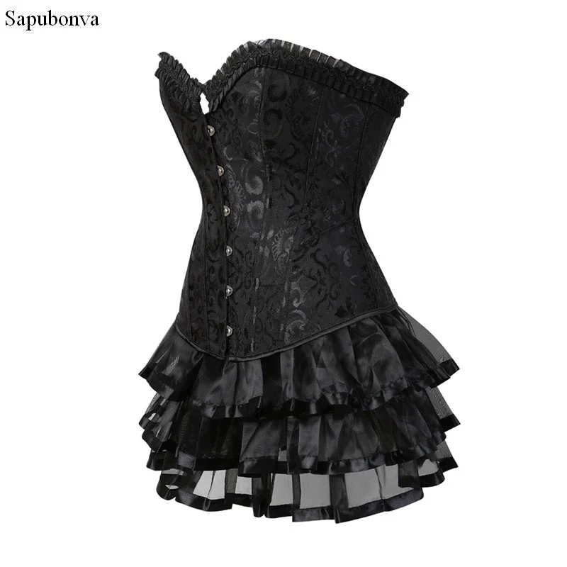 

Corset Bustier Overbust With Skirts Tutu Set Spiral Steel Boned Victorian Up Corselet Sexy Satin Costume Vintage Black