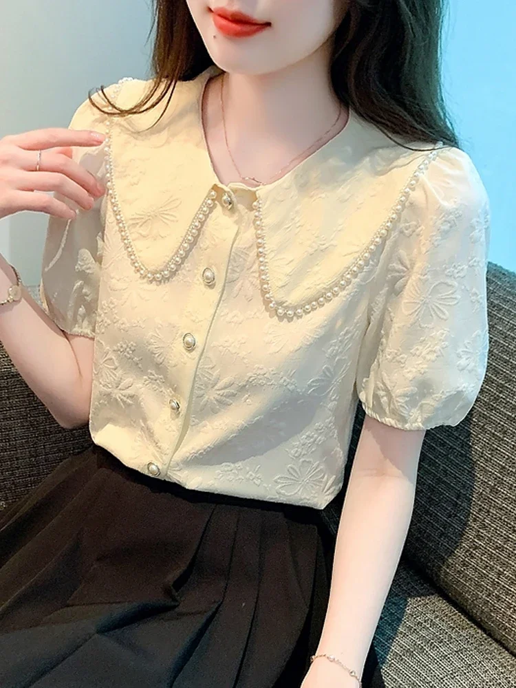 Summer Women Tops Short Sleeve Blouse Women Blusas Mujer De Moda 2024 Verano Beading Doll Collar Chiffon Blouse Shirt Blusa G525