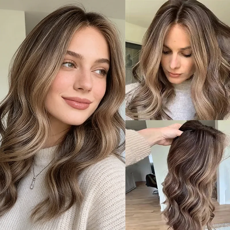 

Brown with Blonde Highlights Color Synthetic Lace Front Wig High Quality Futura Fiber 13x4 HD Transparent Blend 5% Human Hair