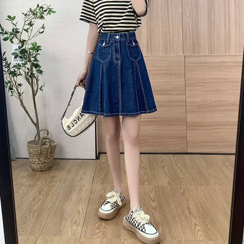 

Summer Woman Style Casual Straight Mid-calf Skirt Elastic Waist Denim Patchwork Skirt Ladies Maxi High Waist Jean Skirt Q331