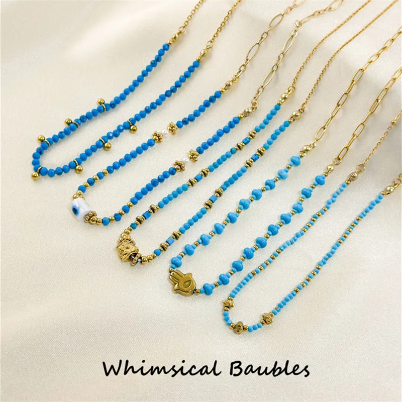 

Minimalist Handmade Stainless Steel Hamsha Beaded Necklace with Faceted Tiny Apatite Gemstone Beads Trendy Short Necklace