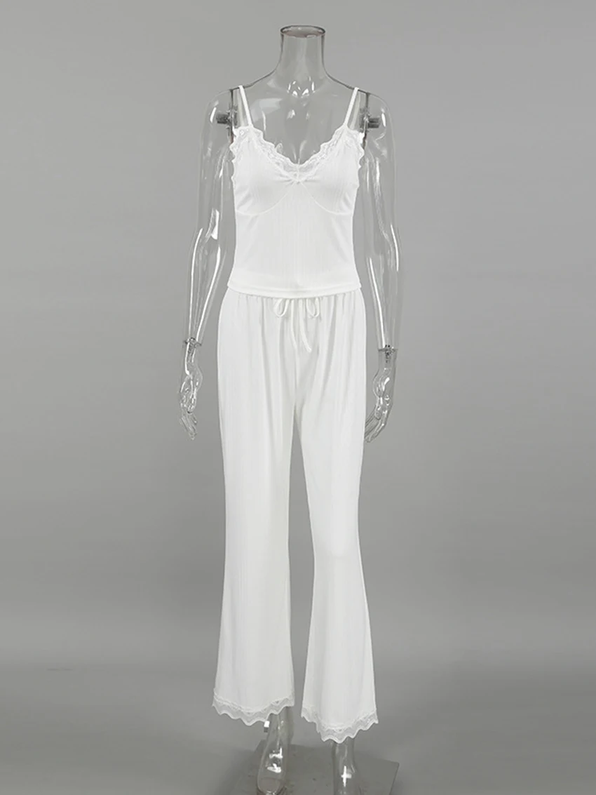 Marthaqiqi Lace Women Sleepwear Set Sexy V-Neck Pajamas Tank Tops Nightwear Crop Top Nightgowns Pants Casual Home Clothes Ladies