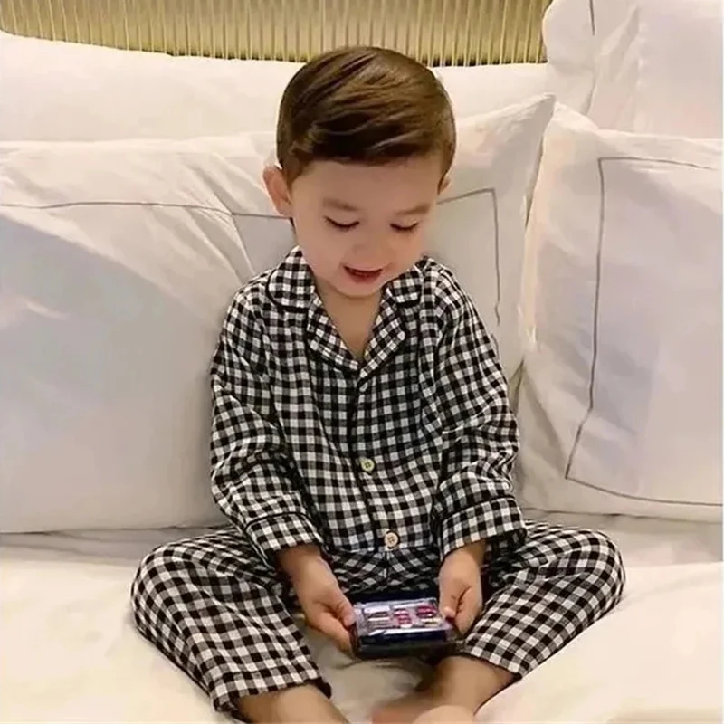

Plaid Pattern Boys Homewear Two-Piece Set Spring Autumn Children's Pajamas Suit Loose Casual Pajamas Baby Long-Sleeved Trousers