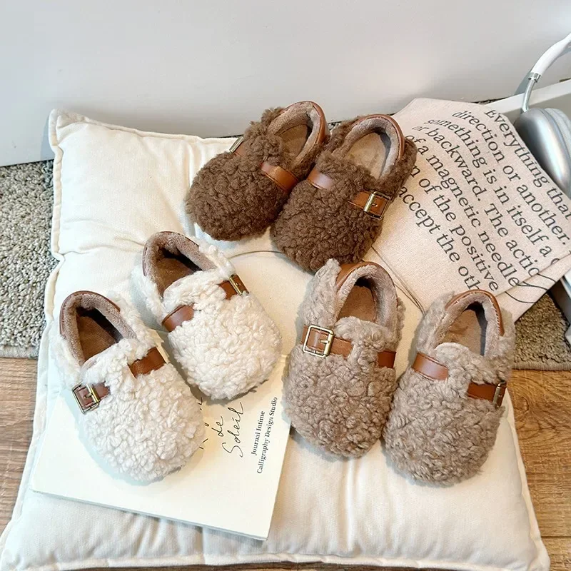 2026 Children Winter Loafers Bowtie Fleece Leisure Slip-on Kids Flat Shoes Warm Round Toe Fashion Three Colors Girl's Shoe 21-30