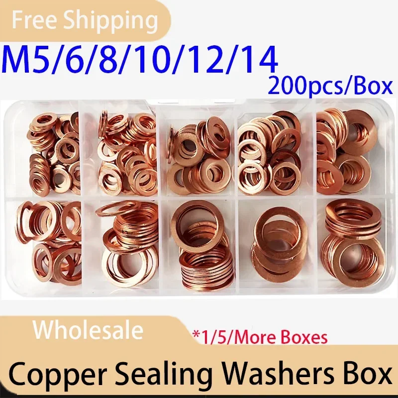 200Pcs/Box 9 Sizes Copper Metric Sealing Washers - M5 M6 M8 M10 M12 M14 Flat Washer Assortment Kit