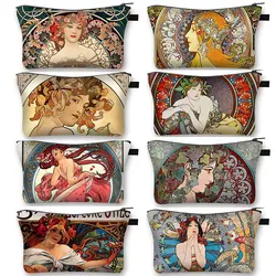 Oil Painting By Alphonse Mucha Print Cosmetic Case Women Makeup Pouch Lipstick Storage Toiletry Bags Ladies Cosmetic Washing Bag